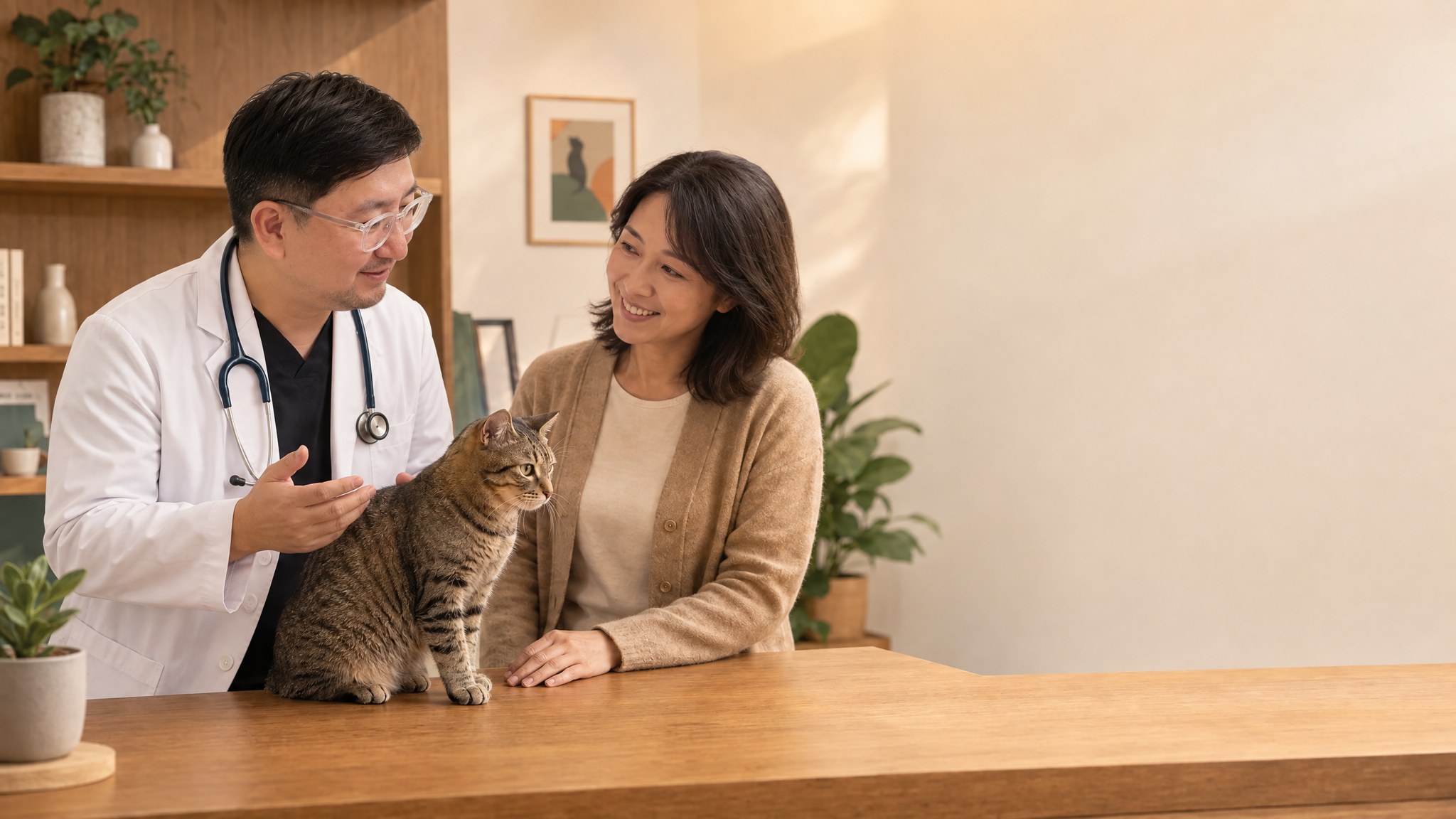 獸醫王耀鴻在診間向飼主說明貓咪狀況